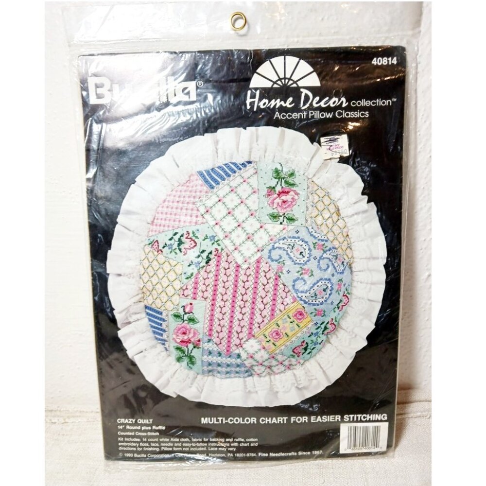 NWOT, BUCILLA  14" Home Decor accent pillow, counted cross stitch with ruffle